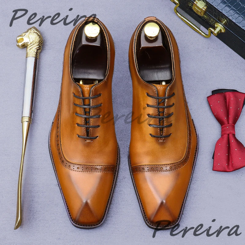 

Fashion Design Handmade Men's Cowhide Shoes Luxury Square Toe Lace-Up Oxfords British Trendy Male Party Banquet Dress Shoes