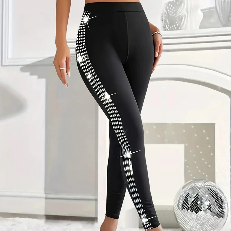 Plus Size Women\'s Sequin Tight Pants Elegant Solid Color Yoga Tight Leggings