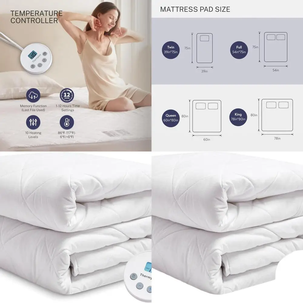

Twin Size Quilted Electric Mattress Pad with 10 Heat Levels, 12-Hour Auto Shut-off, Fits Mattresses up to 15, Machine Washable,