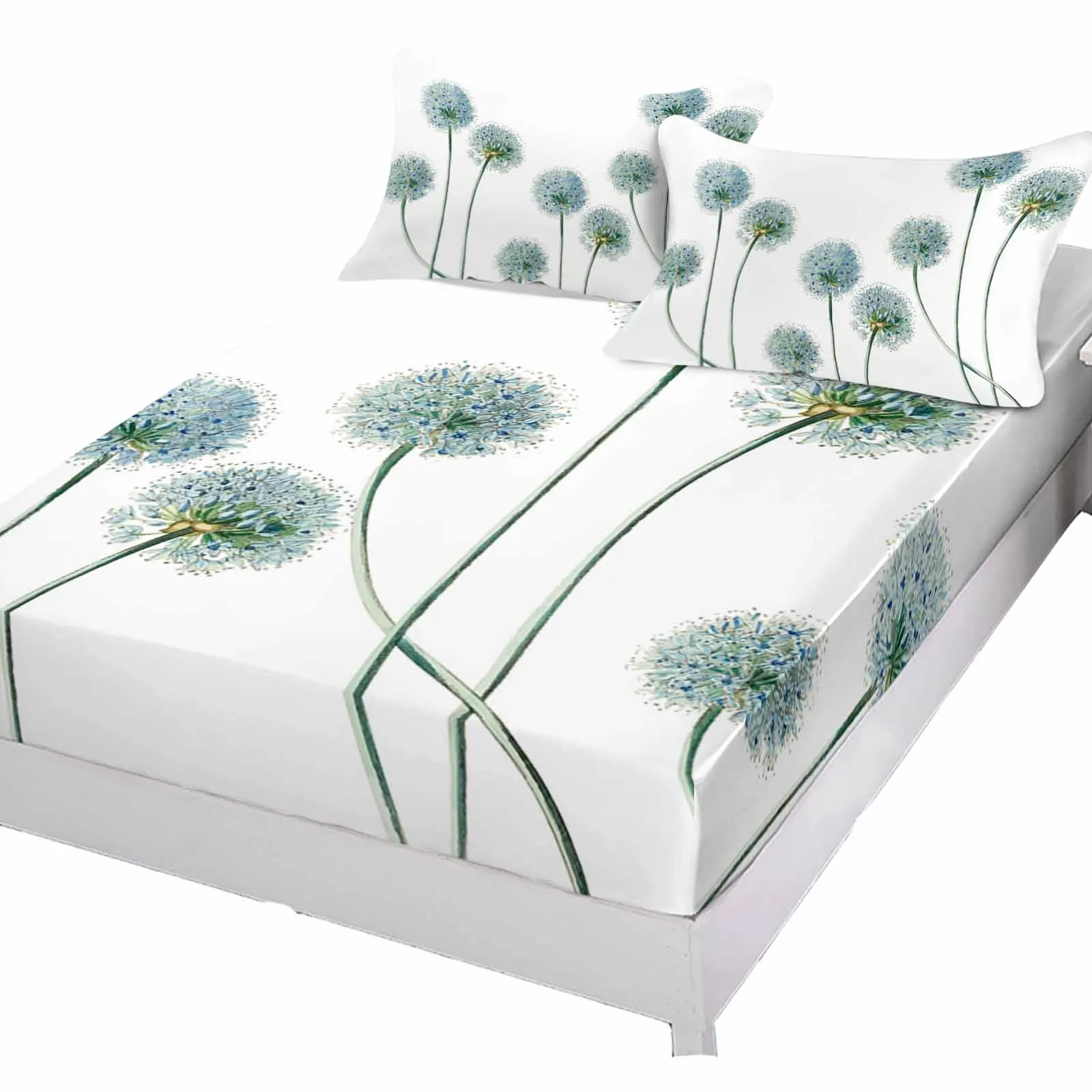 Dandelion Retro Flower Plant Queen Size Bed Mattress Fitted sheet Elastic Rubber Band Non-slip Bed Sheet Pillowcase Set