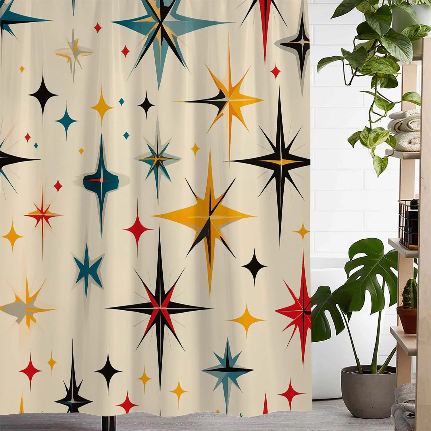 

"Retro Starburst Waterproof Shower Curtain, Vibrant Mid-Century Modern Design for Stylish Bathroom Decor"