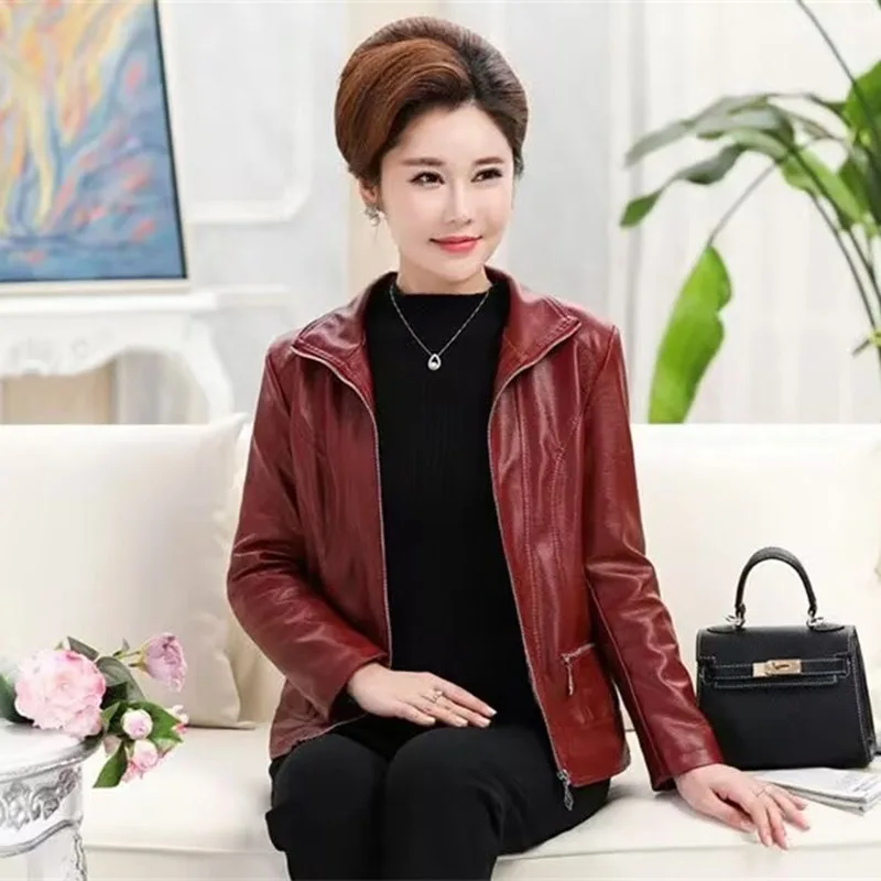 Middle Aged Mother Large Size 5XL Faux Leather Outcoat 2024 Lady Add Cotton Leather Top Autumn Female PU Leather Jacket