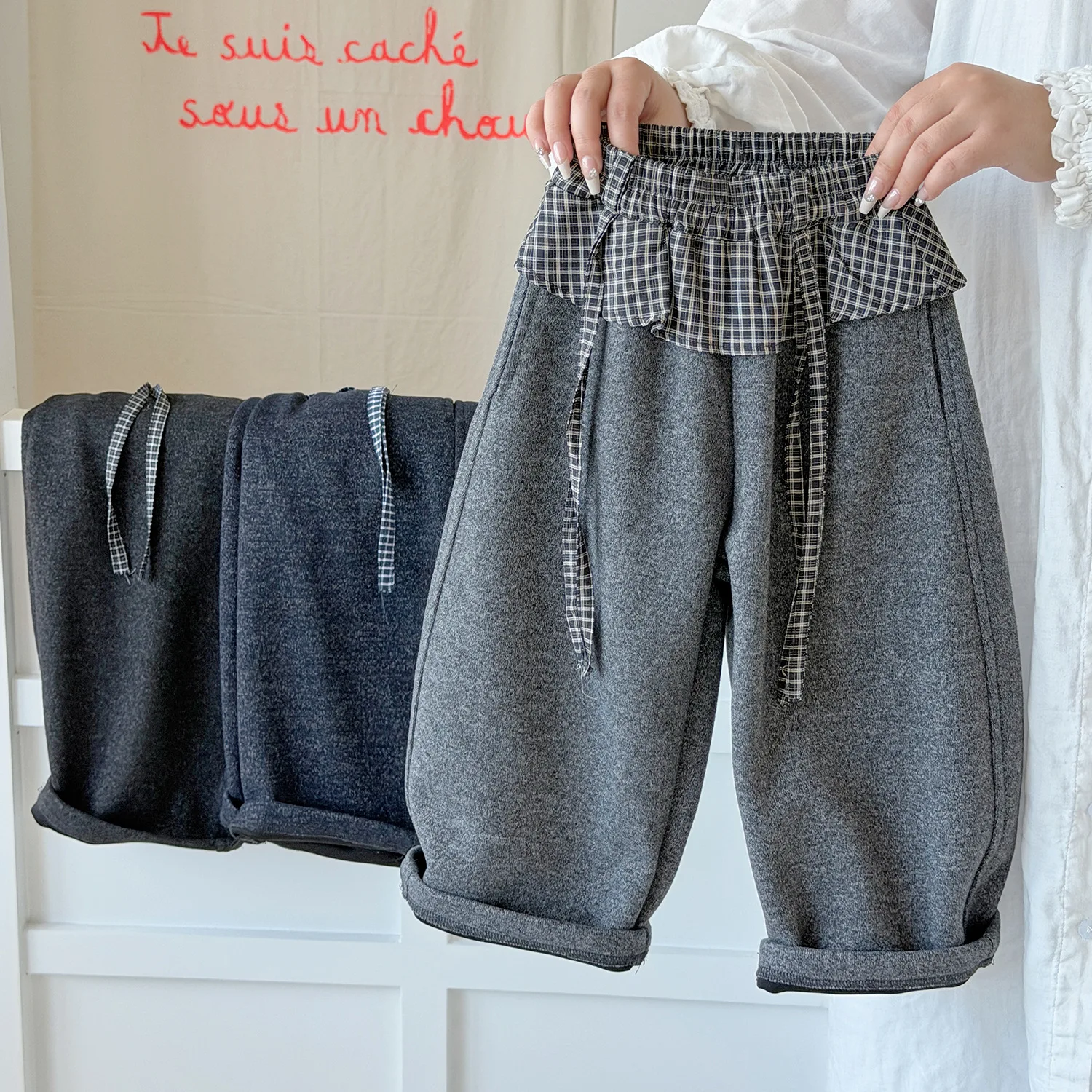 2026 Girls' Casual Pants, 2026 Autumn New Style, Imitation Wool Soft Elegant Nice Solid Checkered Pattern Pants
