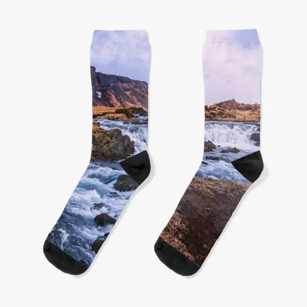 

Dramatic photograph of landscape and waterfall Iceland Socks essential kids colored Designer Man Socks Women's