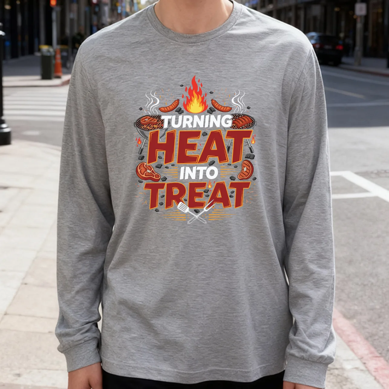 Turning Heat into Treat Men's Long Sleeve Tee 100% Cotton 180g Crew Neck Casual Daily Style Soft and Breathable