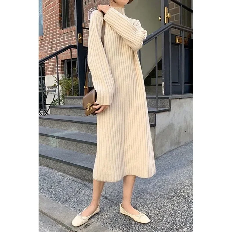 Robe longue en Fiber de Polyester, ample, coupe droite, longueur aux genoux, nouveau Style, épaisse, col mi-haut, manches longues, automne hiver