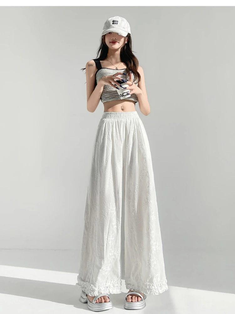 

Женские летние брюки в французском стиле с кружевом, широкие, тонкие, с вышивкой, ажурные, свободного кроя, прямые, повседневные.