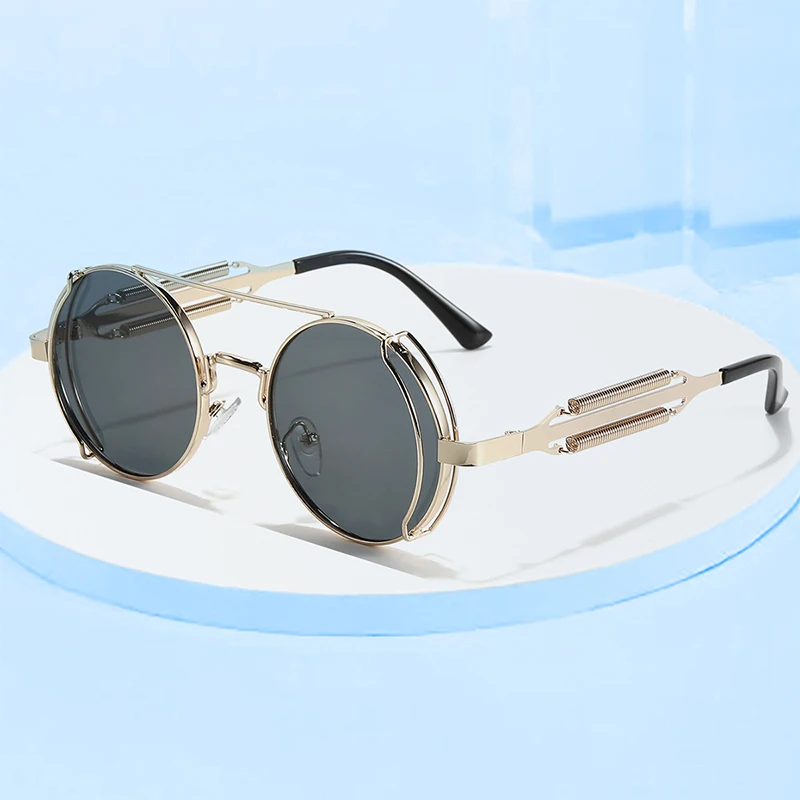 A Pair Of Round Frame Cyberpunk Style Sunglasses Avant-Garde Sunglasses Men Stainless Steel Hollowed Out Mirror Legs