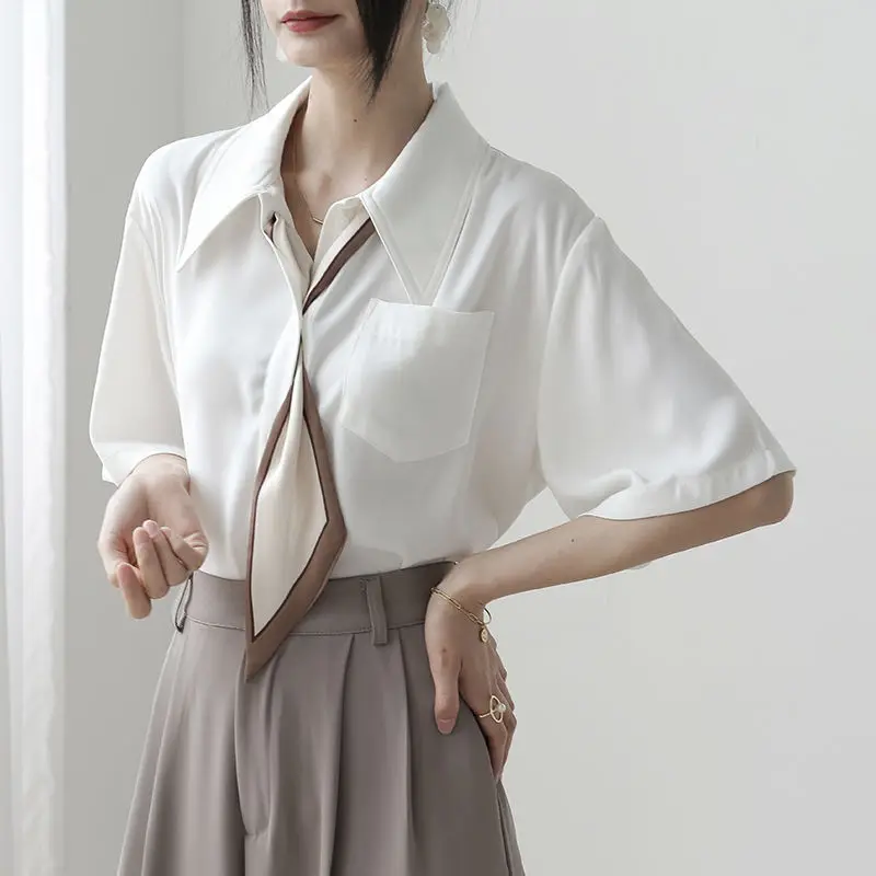 Turn Down Collar Shirts Women Half Sleeve Office Ladies Design Chiffon Summer New Fashion Skin Friendly Chic Gentle Elegant Cozy