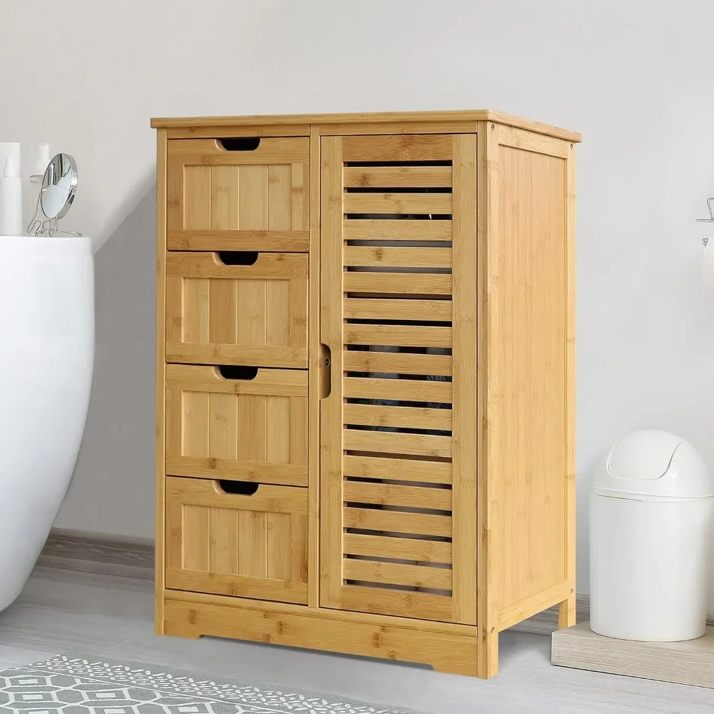 Small Storage Cabinet Bamboo with 4 Drawers and 1 Cupboard, Freestanding Compact Floor Towel Cabinet Bamboo for Laundry Room