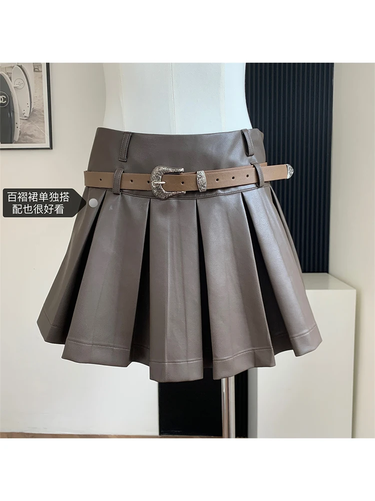 

Leather Skirt Sets for Women 2 Pieces Elegant A-Line Mini Pleated Skirt and Long Sleeve Coat Aesthetic Y2k 2000s 90s Set Clothes