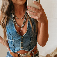 Lamuusaa Denim Tank Tops for Women Summer Solid Color V Neck Single Breasted Sleeveless Jeans Vest y2k Waistcoat Streetwear