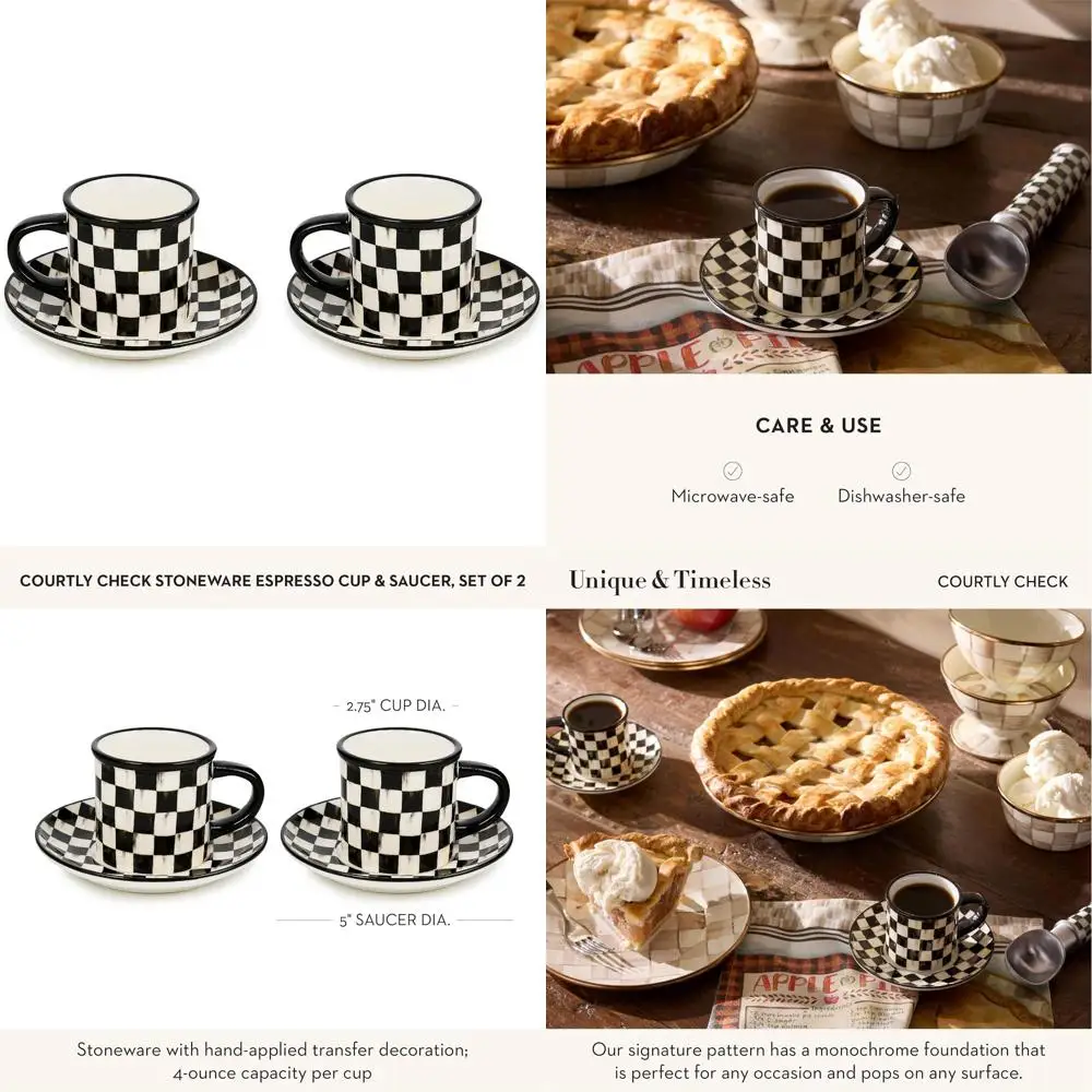 

Пара керамических чашек с блюдцами, очаровательные кофейные кружки, черно-белый клетчатый дизайн