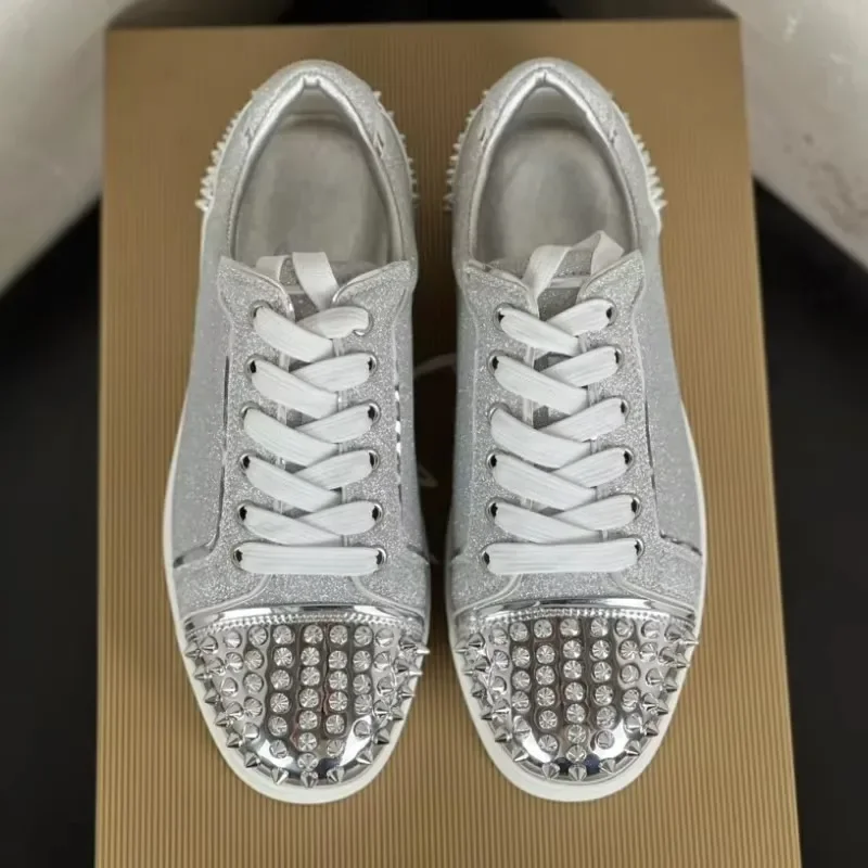 Men's and Women's Silver Luxury Leather Riveted Shoes Fashion Prom Red Bottom Spiked Shoes Low Top Sneakers Casual Shoe