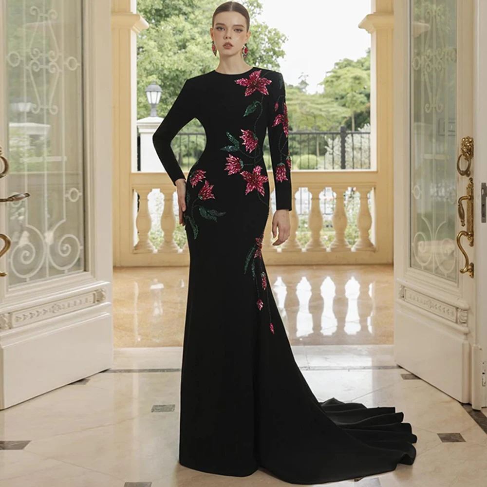 

Elegant Mermaid Jersey Evening Dress Exquisite Beading Flowers Prom Dresses Soft Long Sleeves Customized Special Occasion Gowns
