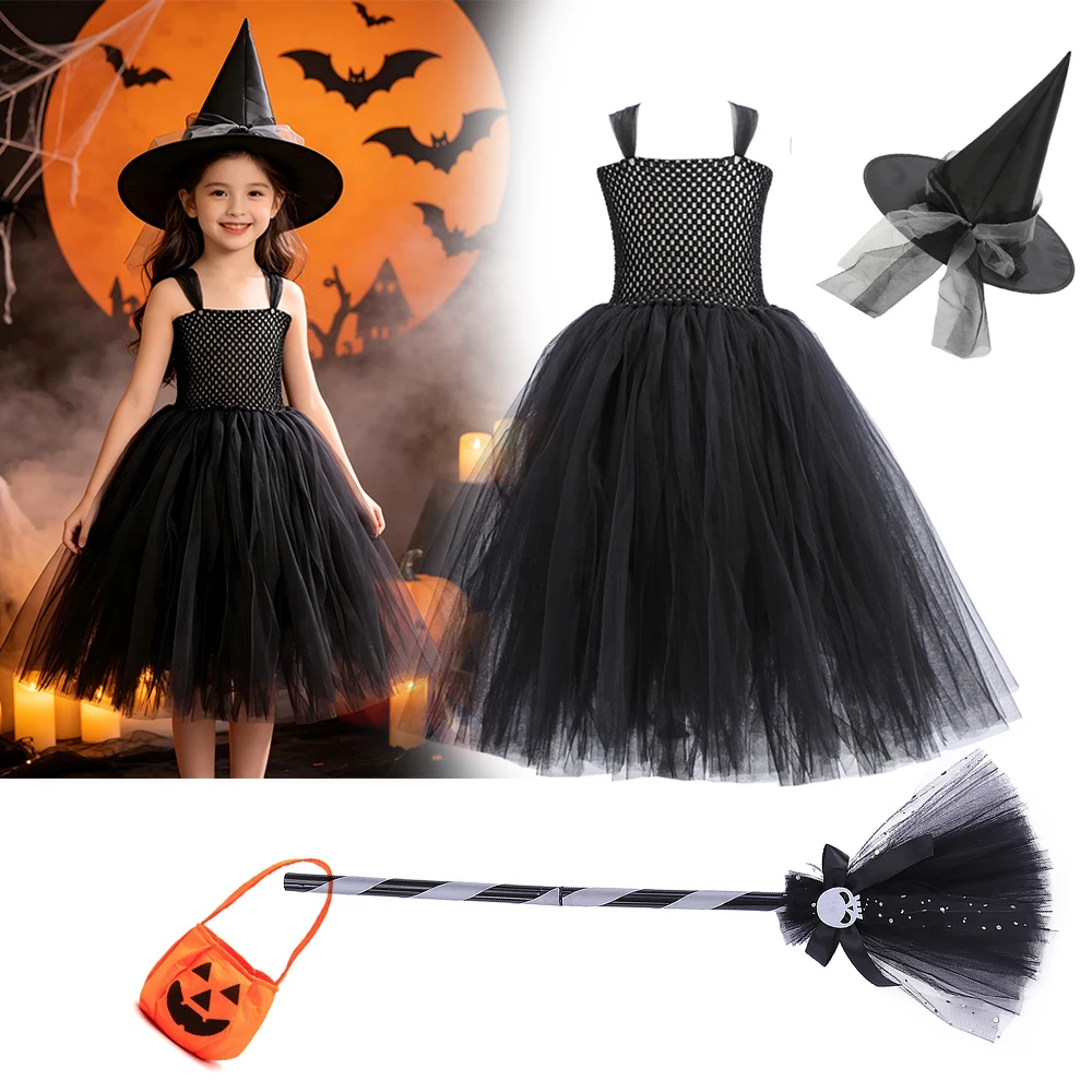 Girls Scary Halloween Costume Black Witch Tutu Dress Full Accessories Kids Role Play Outfit for Trick or Treat Party