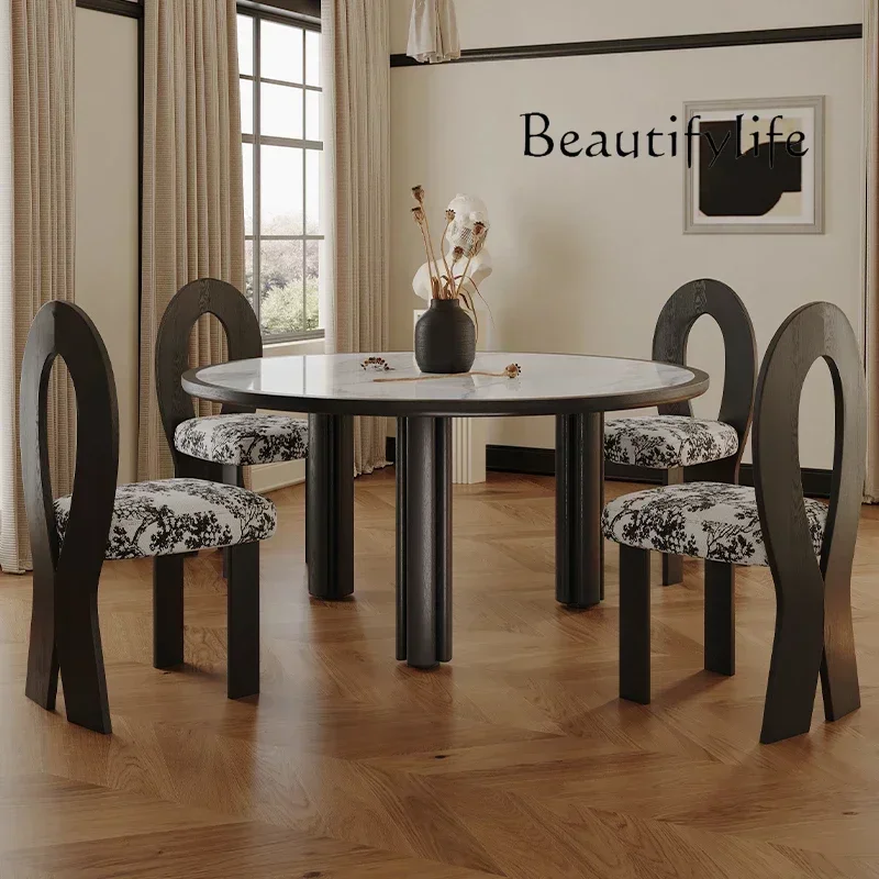 

Retro round Dining Tables and Chairs Set Walnut Dining Table Household Light Luxury Stone Plate round Table