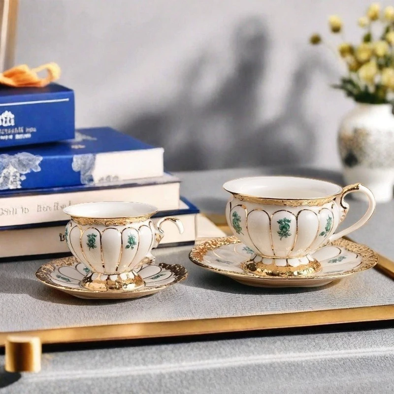 

Luxury Porcelain European Palace Style Gilded Heavy Duty Coffee Cup And Saucer Single Set Gift Box For Birthday Present