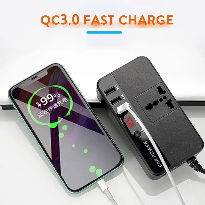 200W Car Inverter DC 12V To AC 220V Power Converter Splitter 3 USB Fast Charging Universal Socket Smart Voltage Monitor