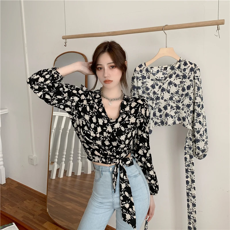 Y2k Floral Print Women Shirts Korean Elegant Slim Lace Up Female Blouse Autumn New V Neck Office Ladies Crop Tops