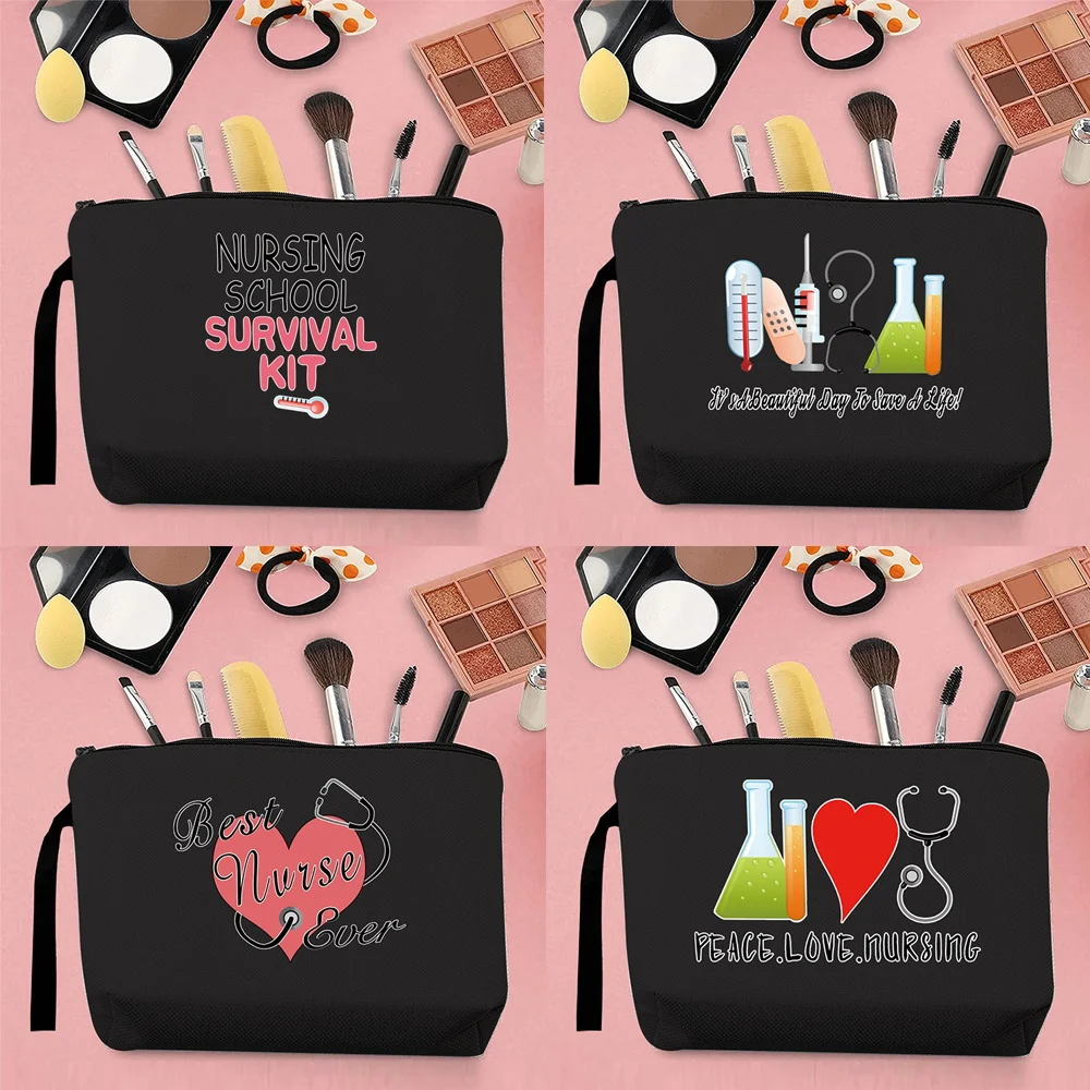 

Fashion Storage Bag Woman Coin Purse Canvas Cartoon Nurse Pattern Printing Makeup Brush Portable Outdoor Toiletries Black Clutch