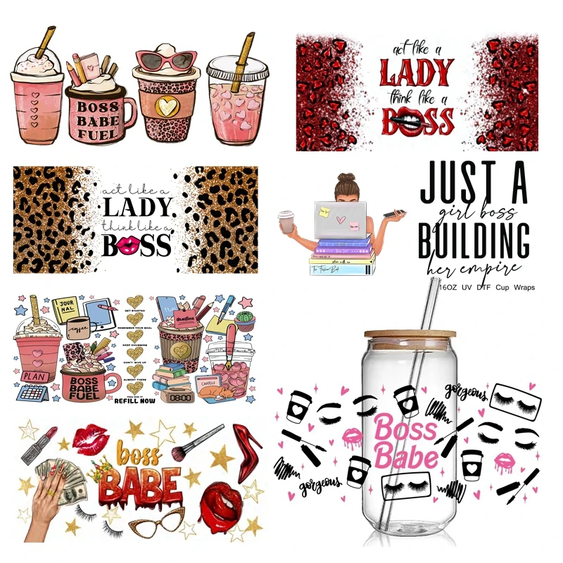 Fashion  Lady Boss  Design print 3D UV DTF Cup Wraps stickers Custom UV Wraps for 16oz Libbey Glass Can