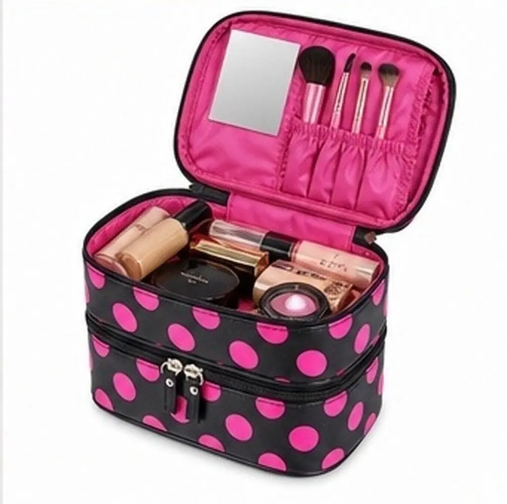Polka Dots Pattern Women's Double-Layer Dual Zipper Bag Black Rosy Travel Makeup Organizer Toiletry Bag Handbag