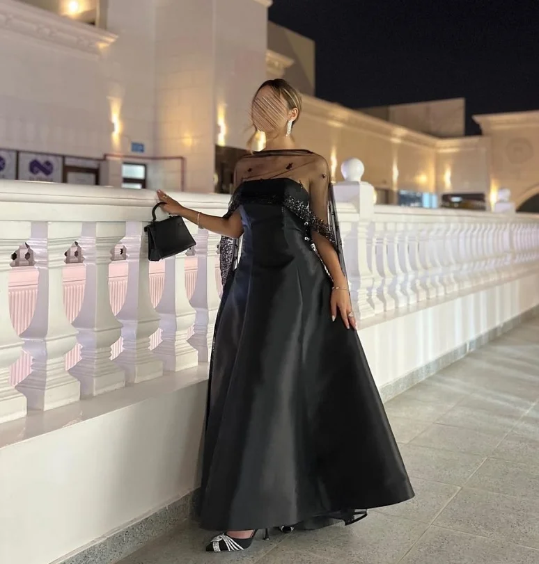 블랙 발목 길이 사우디 이브닝 정장 드레스 랩 케이프 Gillter 맞춤형 댄스 파티 행사 가운 فستان سهرة نسائي