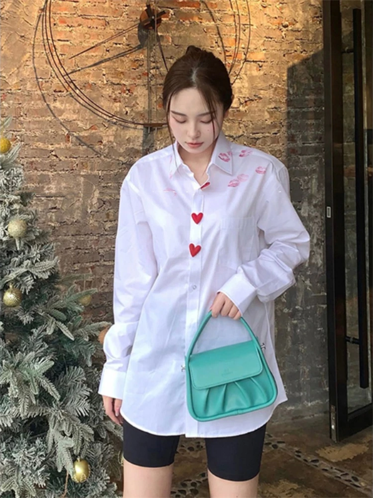 Casual Long Sleeve Loose Shirts For Women Solid  Lipstick Printing Heart Button Tops Loose Streetwear All-match Oversizes Blouse