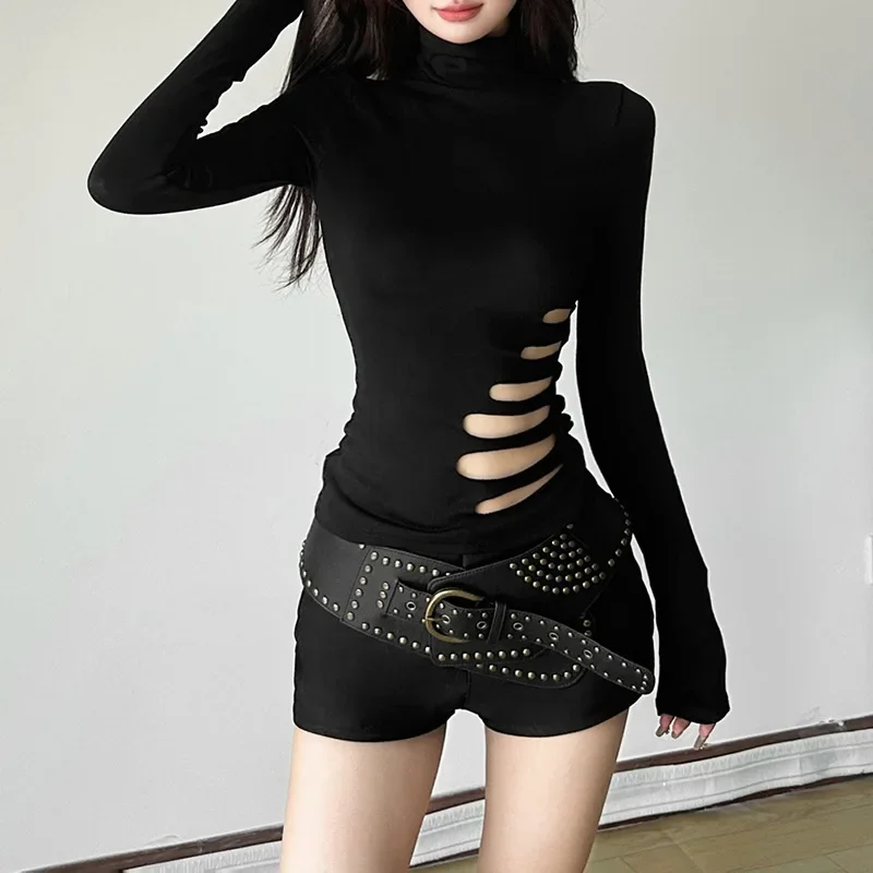 2025 New Vintage Dark Techwear Autumn Y2k High Neck Long Sleeve Pullover Tops  Women Slim Gothic Sexy Hollow Out Solid T-shirts