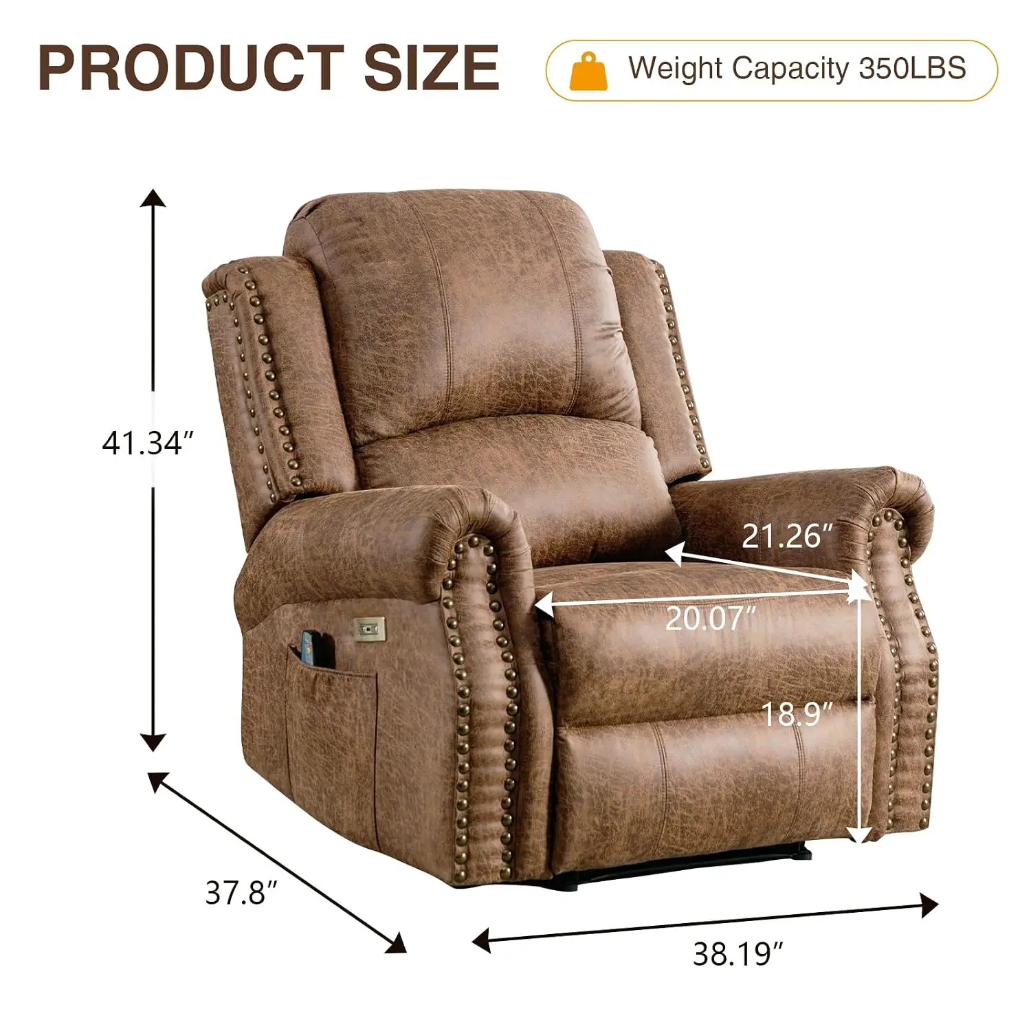 Massage Heat Power Recliner Chair, Faux Leather Electric Lounge Sofa with Rivet Trim for Living Room, Nut Brown, Customized