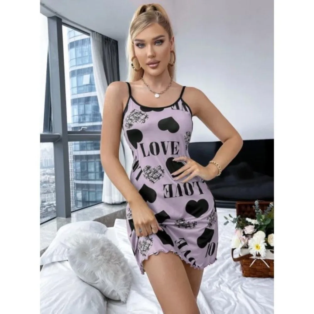 New' Breathable Women's Nightgown Spaghetti Strap Heart Letter Print Sleepwear Dress Thin Section Sling Nightdress Summer Season