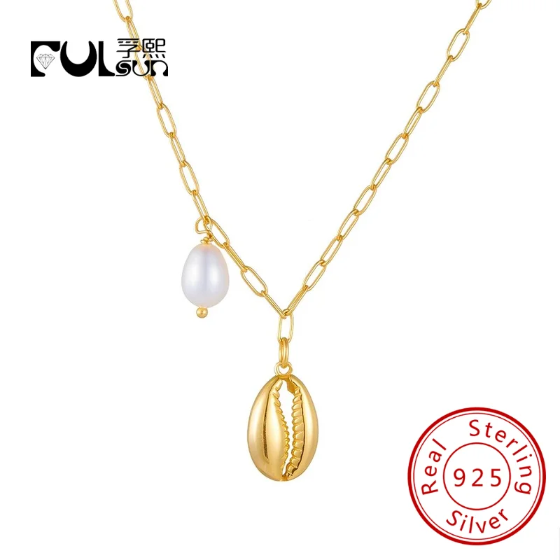 Fulsun Wholesale Jewelry 925 Sterling Silver Gold Plated Summer Natural Freshwater Pearl Shell Shaped Necklace For Women