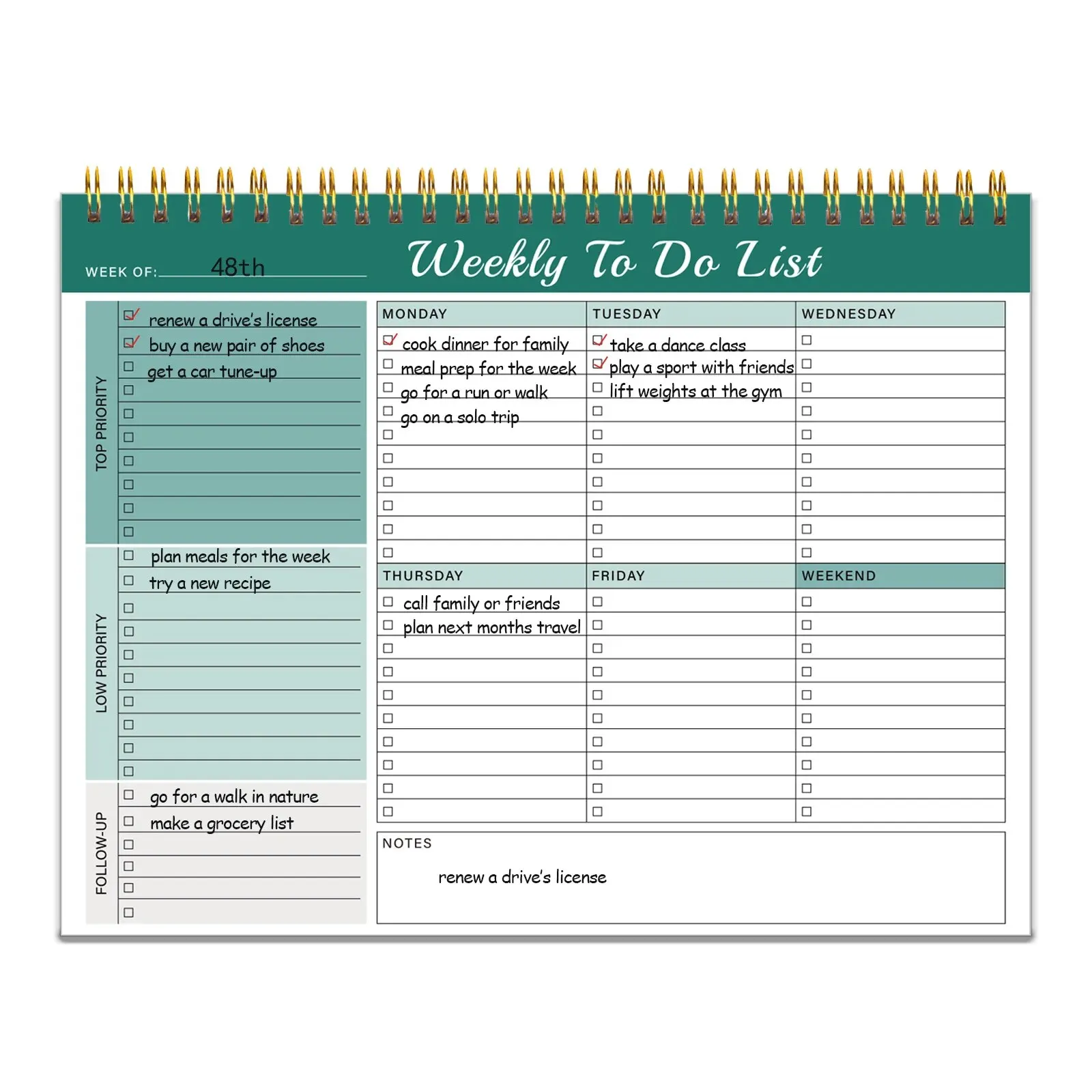 Weekly Planner Pad Spiral Weekly Planner Undated 52-page To-do List Pad, 8.5*11 \