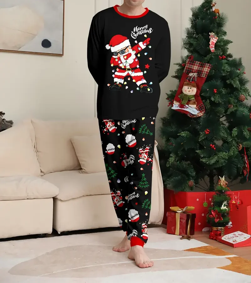 

Рождественская футболка из 2 предметов, футболка с длинными рукавами и принтом Санта-Клауса, комплект со штанами, повседневная одежда для пар, семейная одежда, пижамный костюм