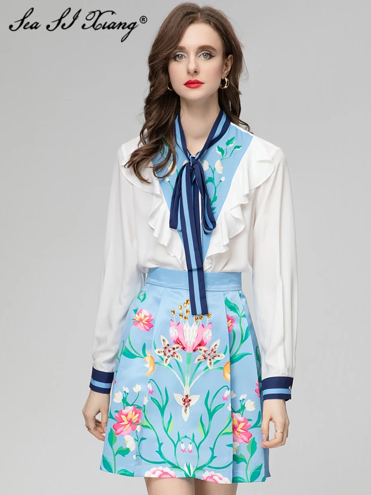 

Seasixiang Fashion Designer Spring Suit Women Lace-up Collar Lantern Sleeve Ruffles Shirt + Diamonds Skirt Print 2 Piece Set