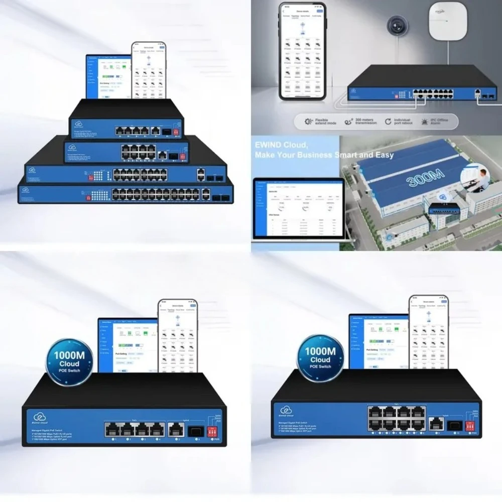Top-quality full gigabit fiber Poe power switch, 4, 8, 16, 24-port 1000 cloud management network switch, with 300 meters of