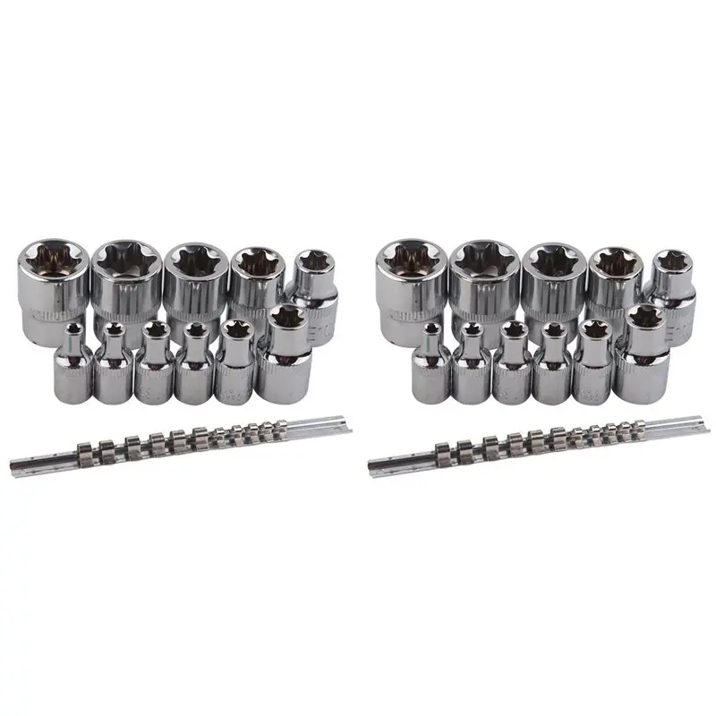 ABDJ-Female E-TORX Star Socket Set With Rail 22 Pcs Female External Star Socket Set E4 - E20 Torque Socket Set Alloy Steel