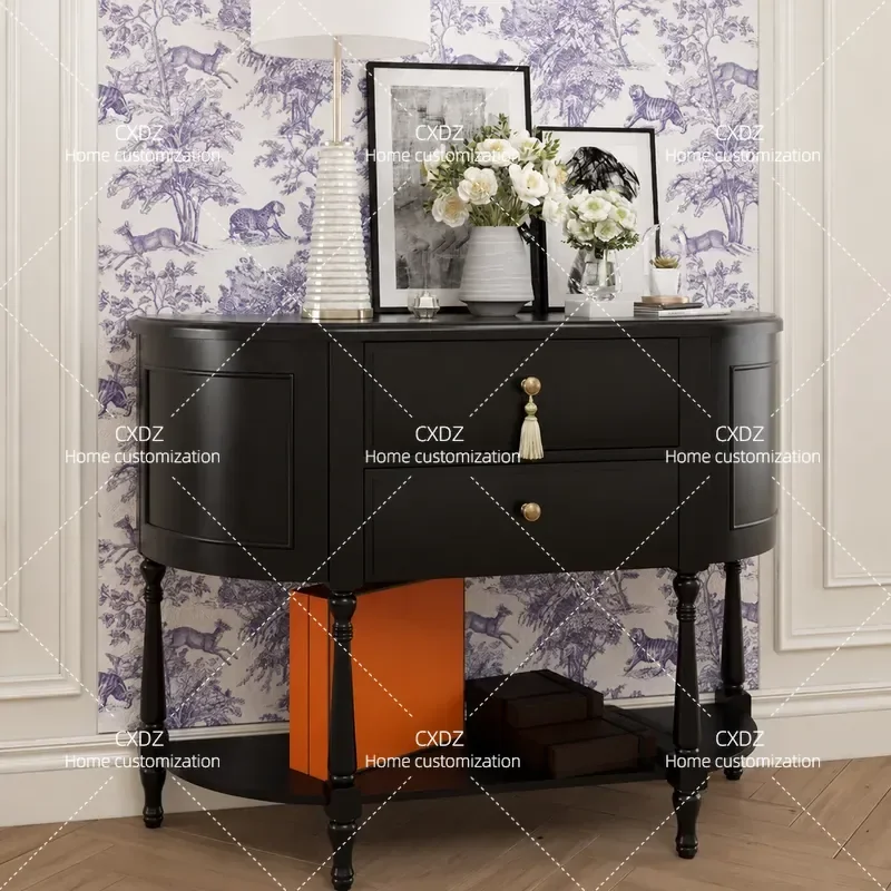 Retro Black Solid Wood Entrance Table Semi Round Dining Side Cabinet Foyer Cabinet Customizable Living Room Entryway Storage
