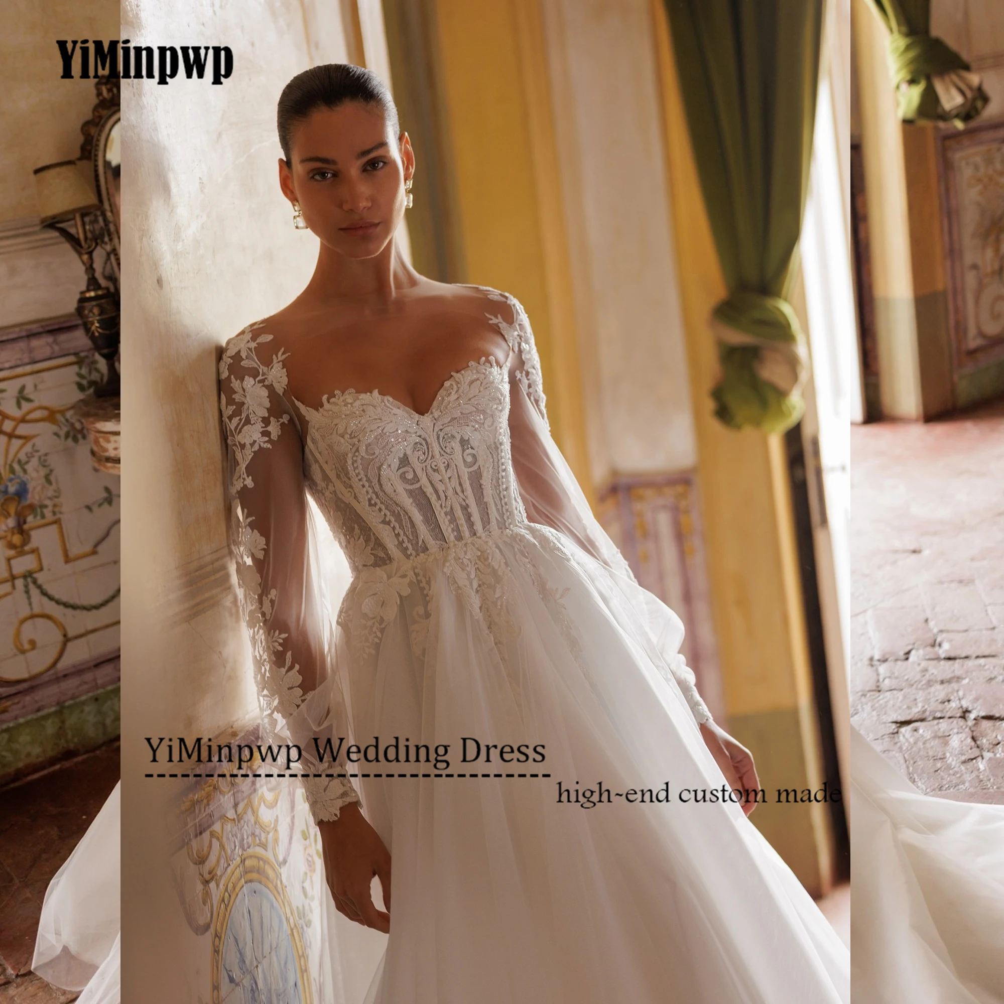 Abito da sposa in pizzo personalizzato O-Collo Manica a sbuffo Tulle Principessa Abiti da sposa abiti da sposa 2025 A-Line Applique Lace Up