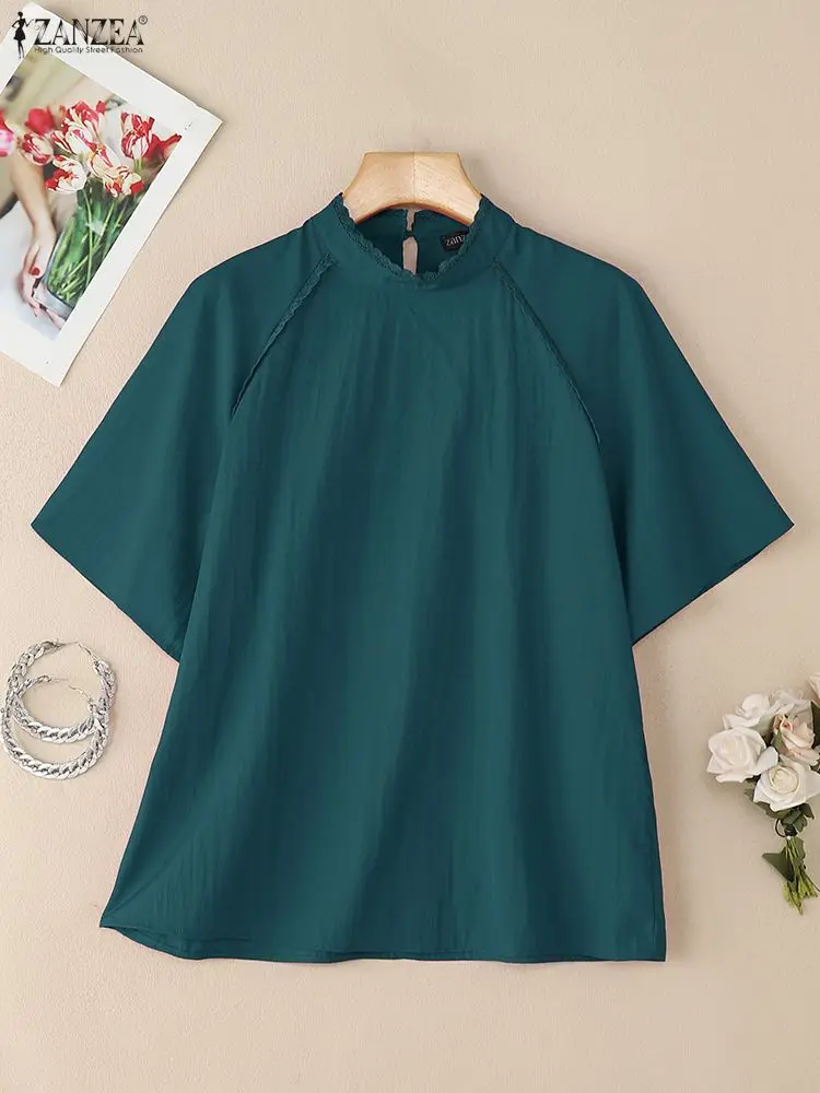 

ZANZEA, женские блузки с кружевной отделкой, лето 2023, элегантный воротник-стойка с рукавами реглан, однотонные свободные топы, женская одежда