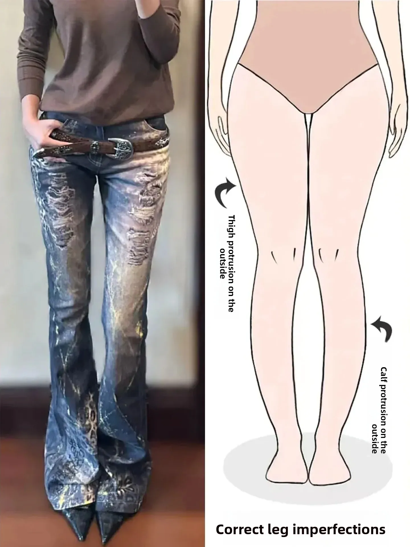 

Retro American Denim Bell Bottoms Women's Summer New Gold Stamp Leopard Print Design Sensation Bell Pants Pear Body Shape