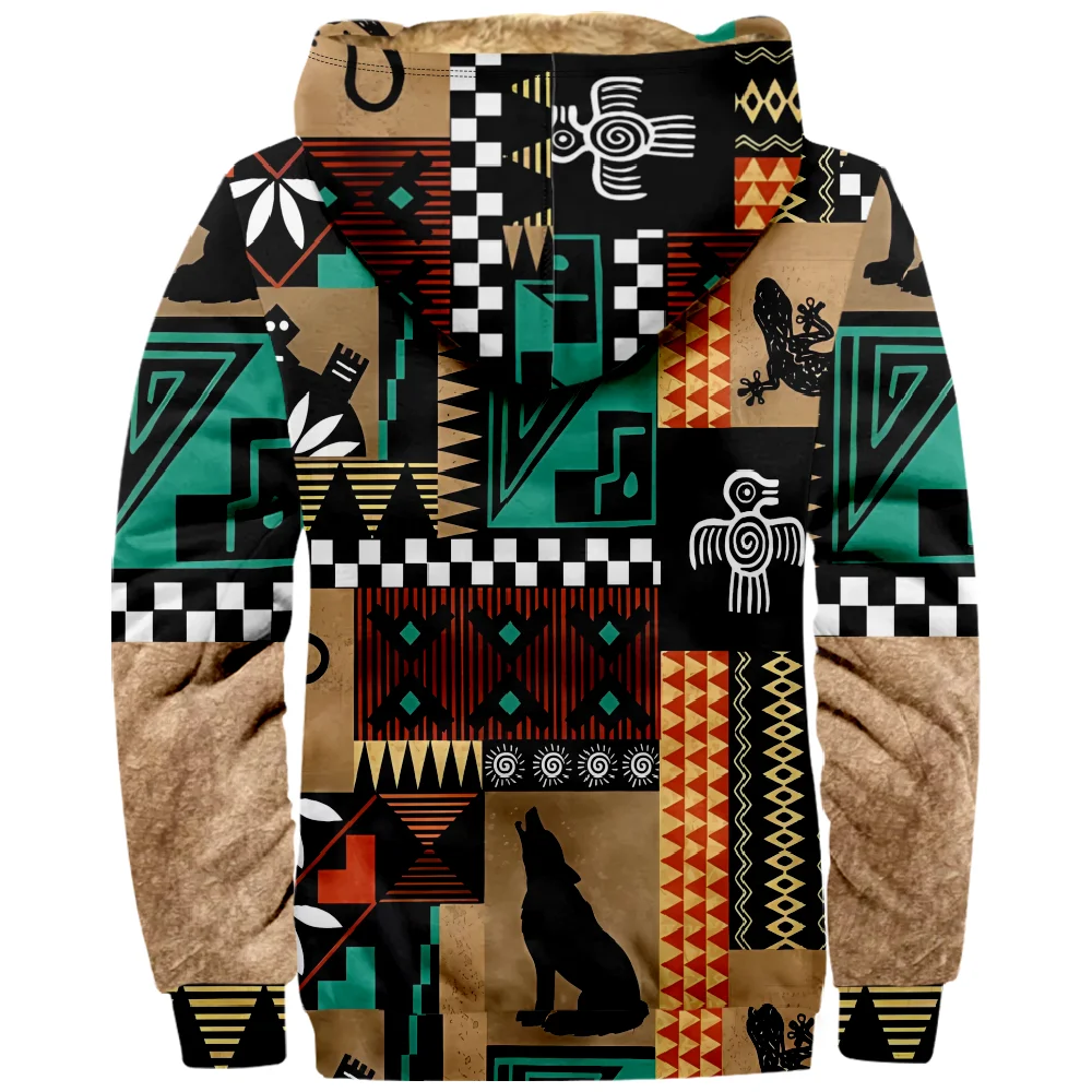 Tribal Prints Graphic Vintage Ethnic Hoodie Long Sleeve Zipper Sweatshirt Stand Collar Coat Women Men Daily Winter Clothes