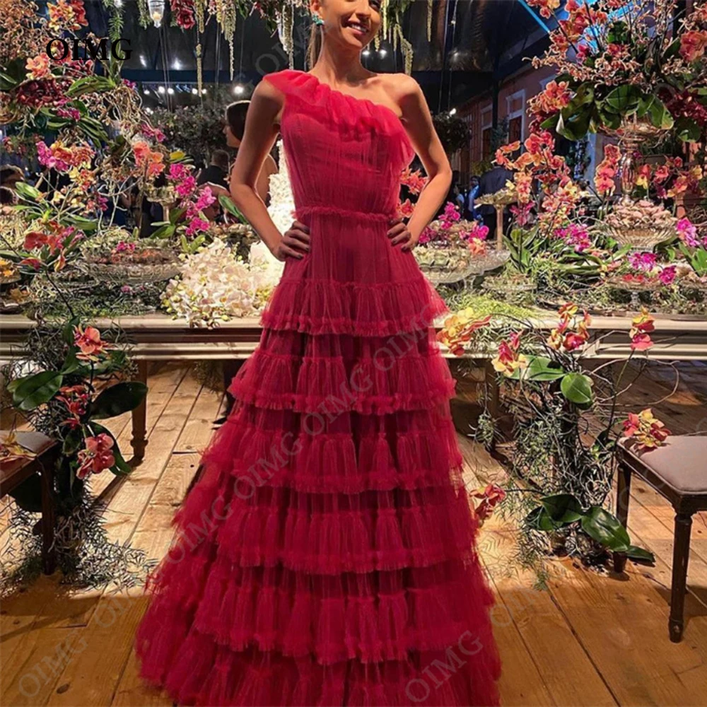 OIMG Fuschia A Line Formal Evening Dresses One Shoulder Tiered Ruched Graduation Party Gowns A Line Prom Gown Dress 2024