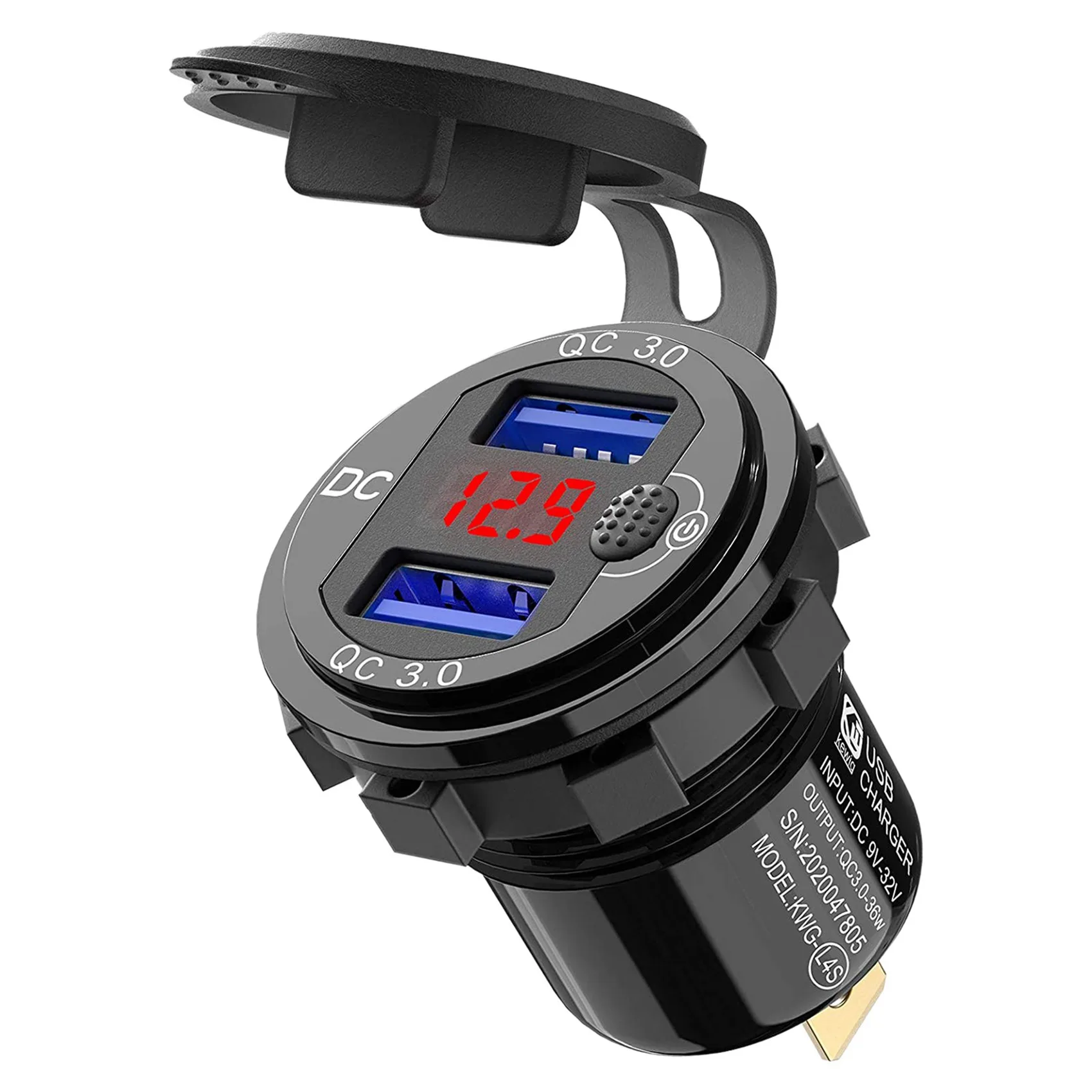 شاحن سيارة CJSD-4X Quick Charge 3.0 مزدوج 12 فولت USB، مقبس ألومنيوم مع زر التبديل والفولتميتر الرقمي الأحمر، مقاوم للماء
