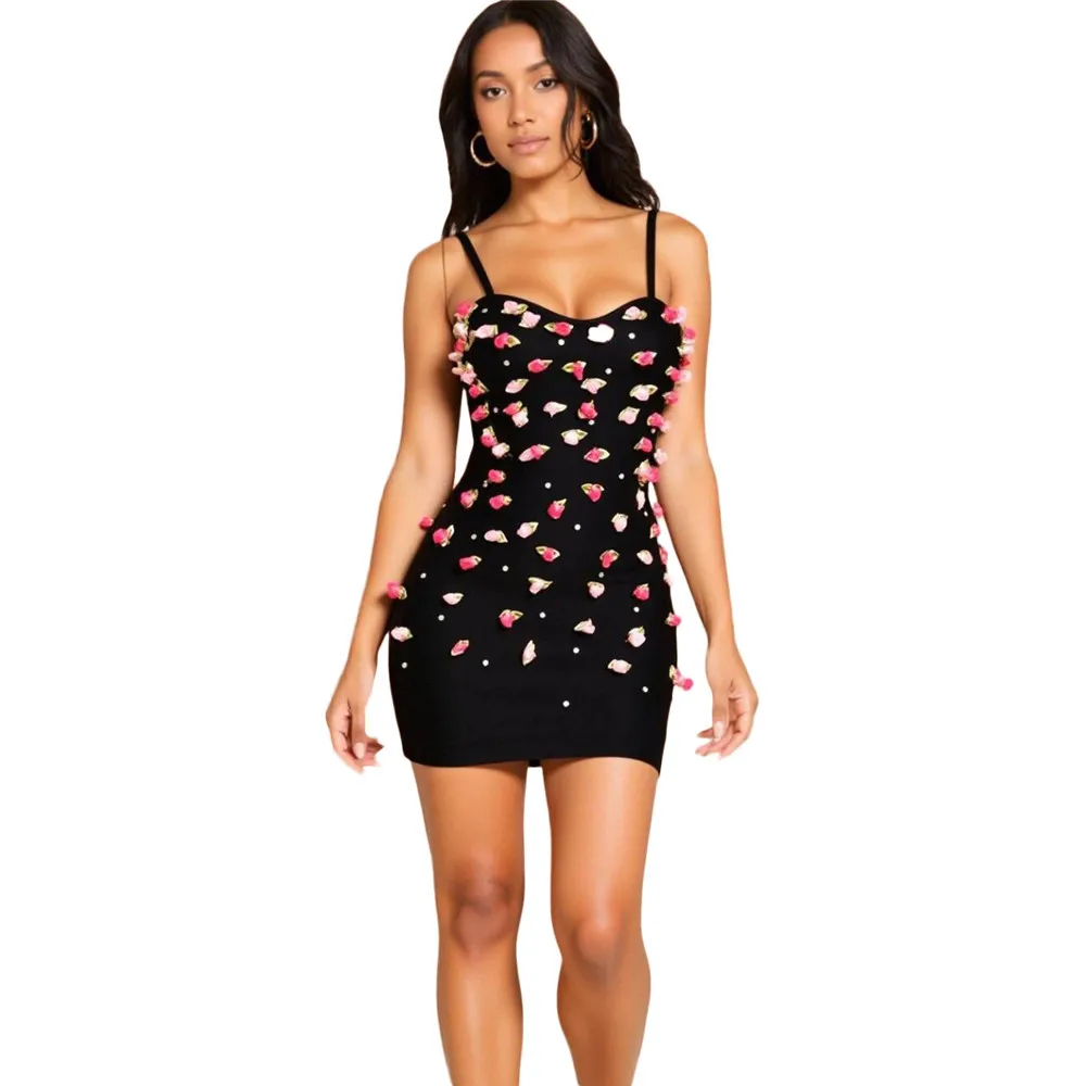 Women Summer Spaghetti Strap Diamonds Flowers Bodycon Mini Elastic Bandage Dress Celebrity Evening Club party Dress Going Out
