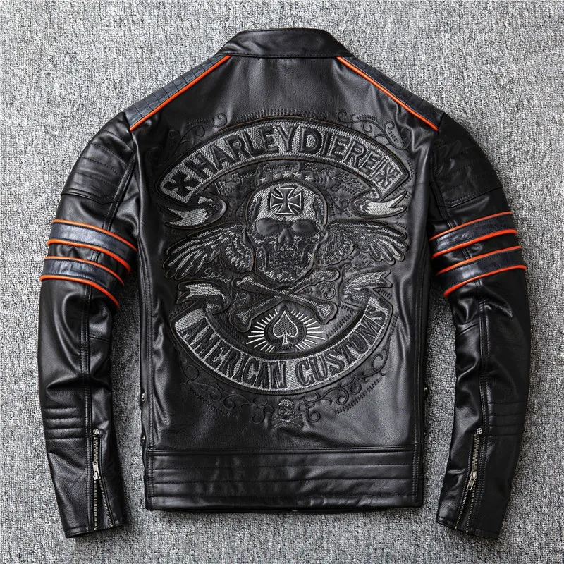 

Motorcycle embroidered skull layer cowhide leather men's short cycling suit