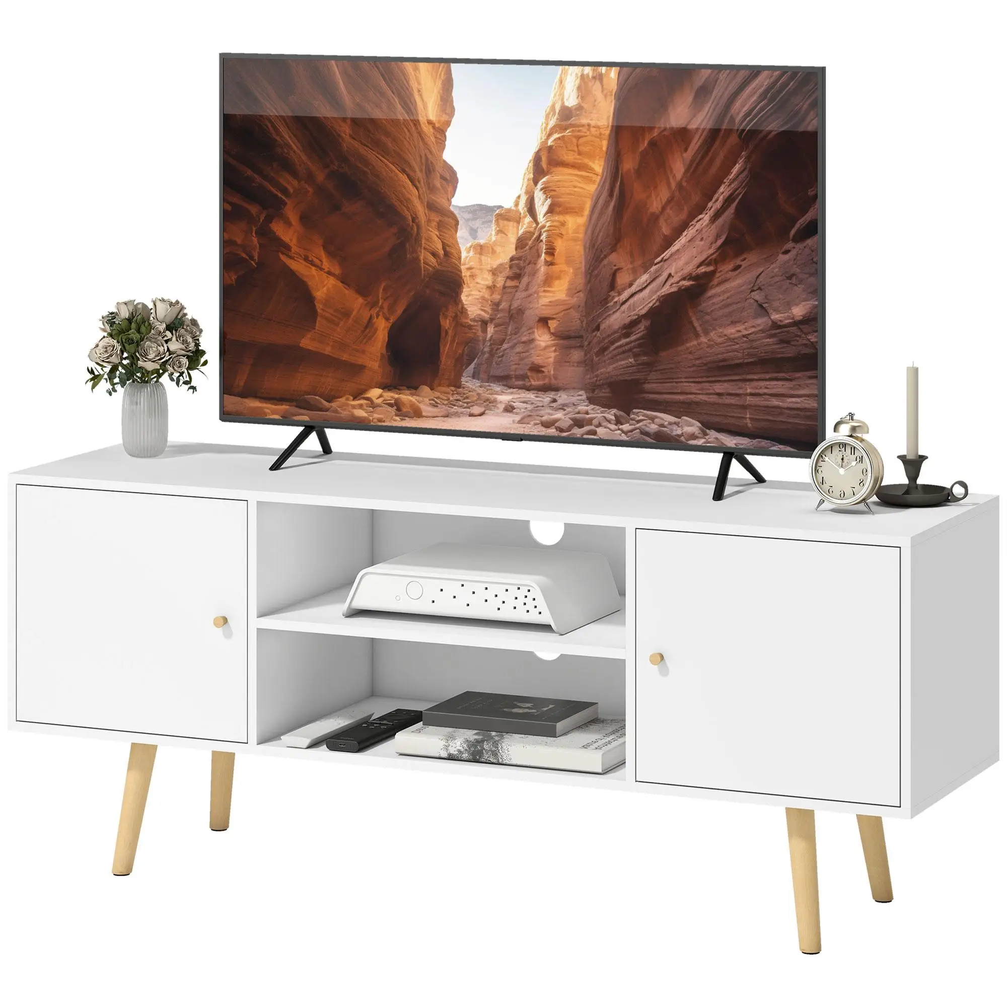 HOMCOM Mueble para TV de hasta 55 pulgadas, 2 estantes abiertos y 2 armarios Blanco 120x34x50cm