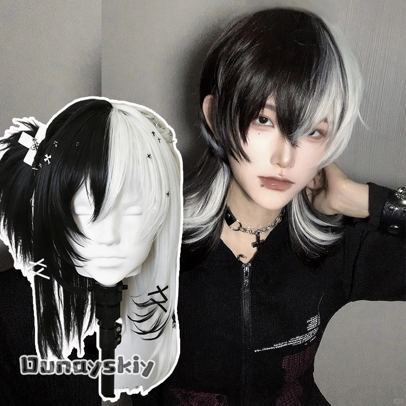 

Jirai Kei Y2k ABY Style Black and white highlighted Wig Short Wolf Tail Synthetic Hair Anime Halloween Costume Role Play Wigs