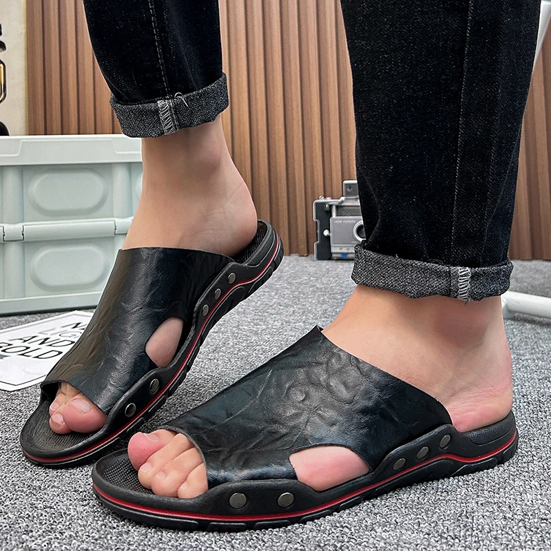Men's Slippers Men Beach Slides EVA Flip Flops Lightweight Comfortable Pu Leather Travel Slippers Men Summer Shoes Man Sandals